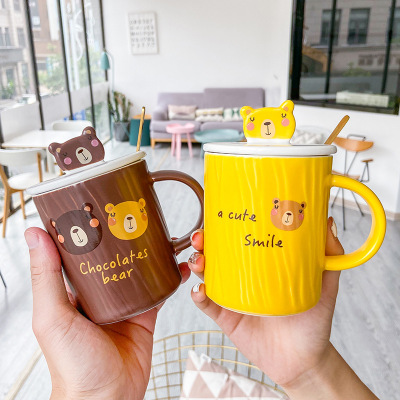 Cute Cartoon Relief Bear Ceramic Cup with Cover Spoon Business Office Breakfast Cup Creative Mug Gift Cup