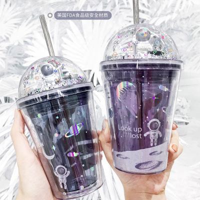 Star Roaming Double-Layer Cup with Straw Astronaut Plastic Cup Children Cute Drinking Cup Straw Cup Ice Cup with light