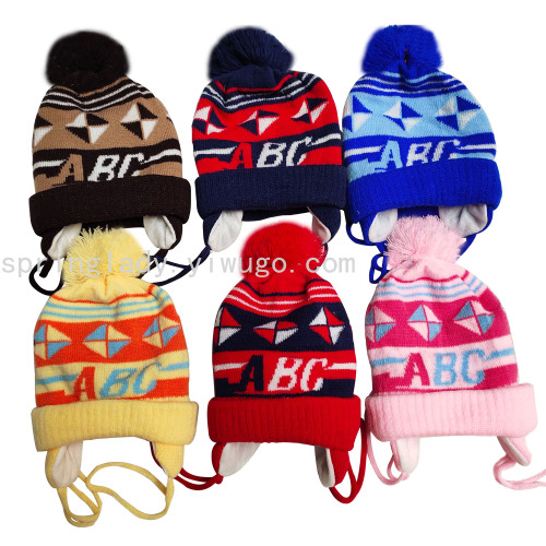 spring lady boys and girls fleece-lined jacquard knitted hat baby split earmuffs hat woolen cap children hat