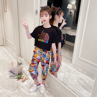 Girls' Summer New Medium and Large Children's Clothes Short Sleeve Cropped Pants Internet Hot Two-Piece Suit Casual Western Style Trendy Children's Suit