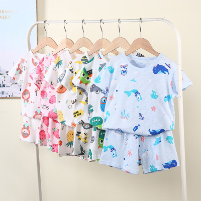 Children's Cotton Summer Suit Short Sleeve Breathable Boys and Girls Three-Quarter Sleeve Air Conditioning Clothes Baby Pajamas Thin Homewear
