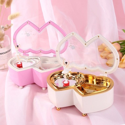 Factory Direct Sales Double Peach Heart Ballet Girl Music Box Birthday Christmas Gift Creative Jewelry Storage Music Box