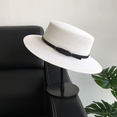 British Leather Ring Flat Straw Hat Korean Style Summer Hat Trendy Women's Fashion All-Match Sun Hat Sun Protection Sun Hat Top Hat