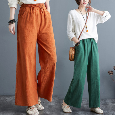 2021 Spring and Autumn New Artistic Cotton and Linen Women's Pants Loose Large Size Wide Leg Pants High-Waist Mopping Pants Trousers Linen Pants