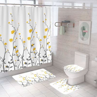 Amazon Cross-Border White Bottom Little Yellow Flower Shower Curtain Set Printing Shower Curtain Factory Wholesale Bathroom Curtain Shower Curtain