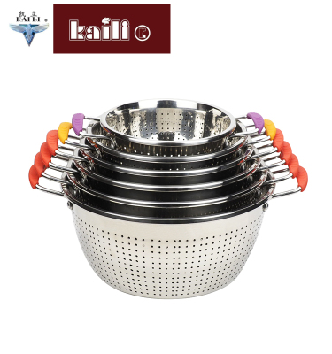 Stainless Steel Thickened Double Handle Small Hole Fruit Basket Washing Basin Drain Basket Kitchen Multi-Purpose Basket
