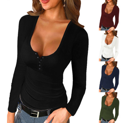 2021 European and American Spring Pure Color Tight Bottoming Shirt Amazon Solid Color U Collar Threaded Long Sleeve Inner Wear Blouse Women's Clothing