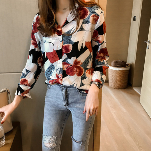 autumn korean style chic printed shirt women‘s long-sleeved shirt loose slimming retro hong kong style shirt