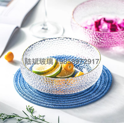 Japanese Style Golden Trim Glass Bowl Household Flat Cylinder Ins Wind Minimalist Creative Dessert Bowl Fruit Salad Bowl Good-Looking Bowl