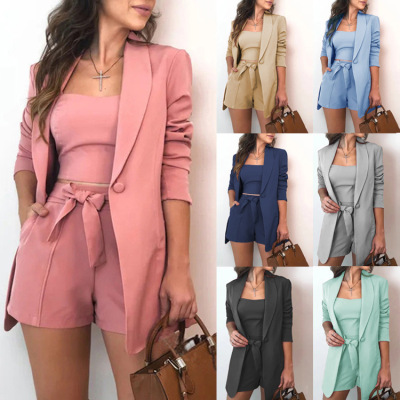 Amazon 2021 Spring and Summer Cross-Border Solid Color Vest Suit Jacket Fashion Temperament High Waist Shorts Three-Piece Women's Clothing