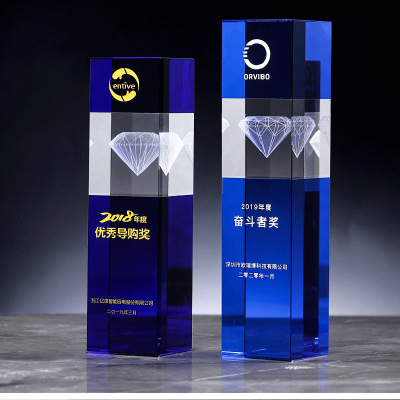 [Crystal Trophy] Blue Transparent Crystal Staff Recognition Trophy Geometric Simple Souvenir Trophy Ornaments
