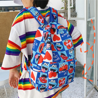 New Waterproof Canvas Hip Hop Print Multi-Functional Large Capacity School Bag Korean Sesame Street Backpack