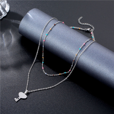 INS Heart-Shaped Key Necklace Stainless Steel Love Clavicle Chain European and American Trends Female Personality Double Layers Loving Heart Necklace Female