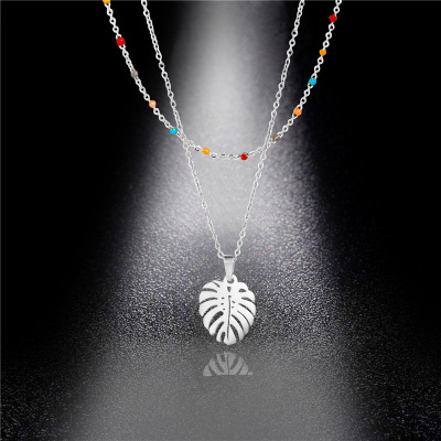 Simple Internet Celebrity Double-Layer Titanium Steel Necklace Amazon Popular New Personalized Leaves Necklace Ins Oil Dripping Clavicle Chain
