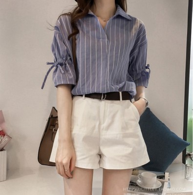 2021 Summer Women's Lace-up Korean Style Ins Short Sleeve Striped Shirt Women's Loose Casual Shirt Trendy Large Size Top