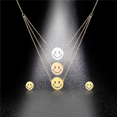 Summer New Women's Popular Online Red Same Three-Layer Smiley Necklace Set Titanium Steel Necklace European and American Smile Earrings Necklace Wholesale