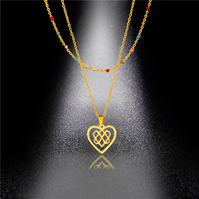 Korean Pendant Simple Ins Style Necklace 18K Gold Heart-Shaped Double-Layer Necklace Stainless Steel Oil Dripping Versatile Pendant