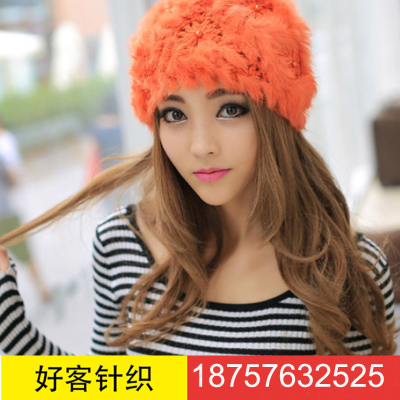Pearl Warm Lady Sophisticated Type Knitted Rabbit Fur Straw Hat New Korean Style Winter All-Matching
