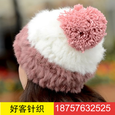 Two-Color Knitted Hat Hand-Woven Cute Earmuffs Hat Hand-Woven Autumn and Winter Korean Warm Rabbit Fur