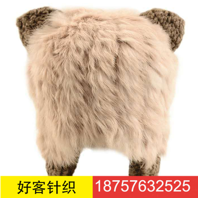 Rabbit Fur Straw Hat Female Japanese Autumn and Winter Knitted Lei Feng Cap Trendy Sweet Cute Cat Ears Woolen Cap