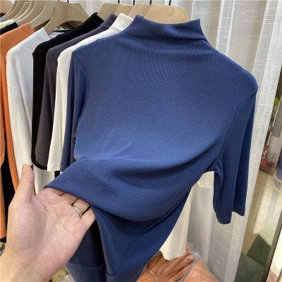 Mock-Neck Mid-Length Sleeve Thread T-shirt Bottoming Shirt for Women 2021 Spring New Inner Wear Solid Color Thin and All-Matching Top Fashion