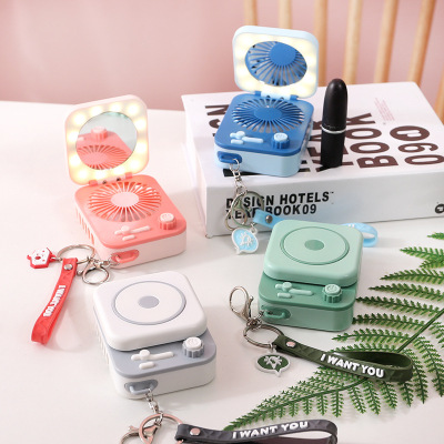 Girls' Summer New Creative Cartoon Portable Lighting Mirror USB Rechargeable Fan Outdoor Mini Handheld Fan