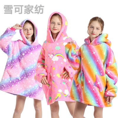 Children's Cloak Cold Protective Clothing Double-Layer Thick Lambskin Pajamas Cartoon Hooded Jacket
