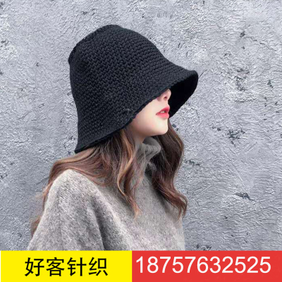 Handmade Crochet Knitted Bucket Hat Japanese Style Artistic Curled Brim Basin Hat Coarse Yarn Bucket Hat Women