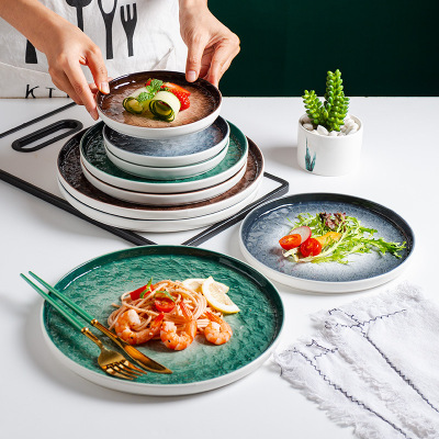 Nordic Western Cuisine Steak Plate Household Creative Dinner Plate Ceramic round Flat Plate Underglaze Color Gradient Color Thickened Noodle Plate Foreign Trade