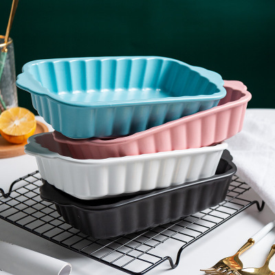 Factory Wholesale Nordic Glaze Ceramic Baked Rice Baking Tray New Home Creative Binaural Striped Rectangular Baking Bowl Foreign Trade