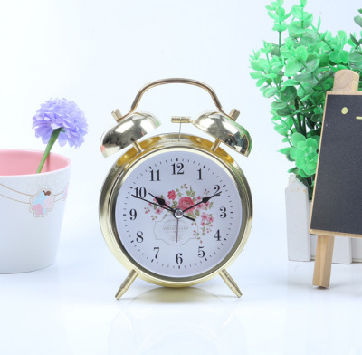 Factory Direct Supply 4-Inch Metal Electroplating Imitation Gold Alarm Clock Night Light Creative Bell Children Student Seat Clock Customization