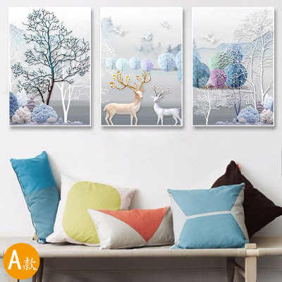 New 5D Diamond Painting Full Diamond Fortune Elk Point Stick Diamond Cross Stitch Diamond Embroidery Living Room European Style Three-Piece Painting