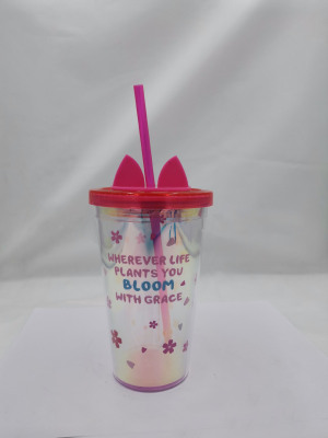 New Cat Ears Cup with Straw Double Plastic Straw Cup Cup with Straw 450ml Luminous Double-Layer Cup with Straw Cup with Straw