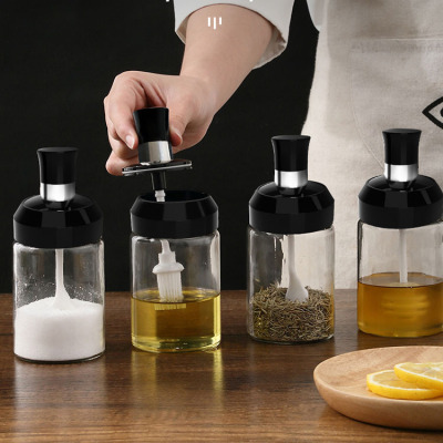 Spoon and Lid Integrated Spice Jar Kitchen Sealed Salt Jar Storage Seasoning Box Oil Brush Honey Bee Bottle Glass Seasoning Jar