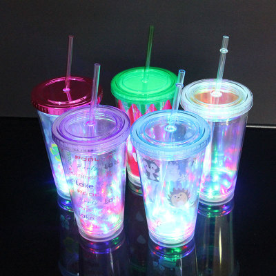 Factory Direct Sales Double-Layer Cup with Straw Luminous Detachable Bottom Straw Cup Plastic Sippy Cup Luminous Cup Straw Cup