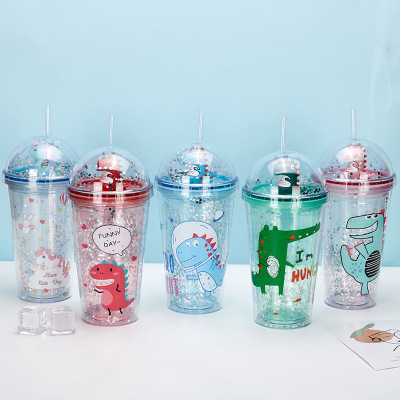 Dinosaur Crushed Ice Cup Straw Cup Female Student Cute Summer Double Plastic Cup Beverage Water Cup