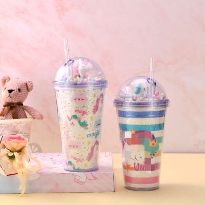 Factory Direct Supply Unicorn Plastic Drinking Cup Straw Cup Cute Cartoon PVC Card Paper plus Glitter Cup Customization