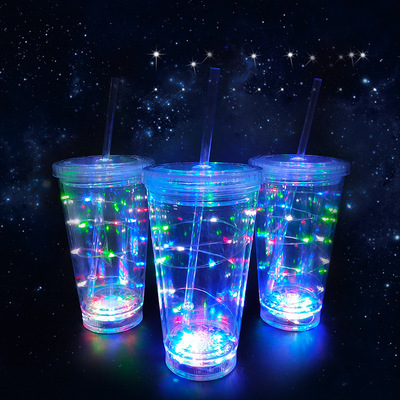 New Lighting Chain Straw Luminous Cup Double-Layer Straw Juice Cup Bar Atmosphere Double-Layer Cup with Straw Customizable Logo