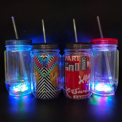 Mason Cup Double-Layer Cup with Straw Beer Luminous Cup Mason Cup Button Plastic Luminescent Cup in Stock Wholesale