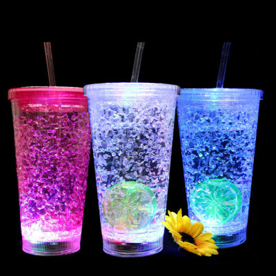 Factory Direct Sales Luminous Ice Cup Student Double Layer with Lid Straw Plastic Water Cup Luminous Refrigeration Ice Crushing Ice Cup