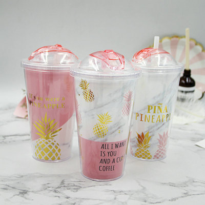 Creative Korean Double-Layer Cup with Straw Adult Female Student Plastic Cup Portable Handy Cup Double Layer Straw Cup