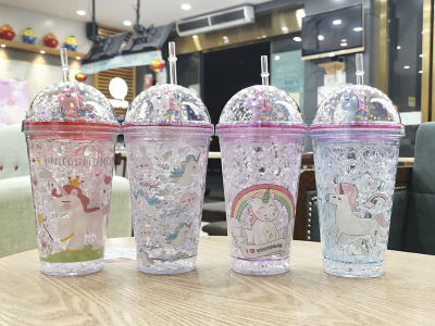 Factory Direct Sales Internet Celebrity Plastic Cup Transparent Acrylic Party Supplies Double-Layer Cup with Straw Unicorn Crushed Ice Cup