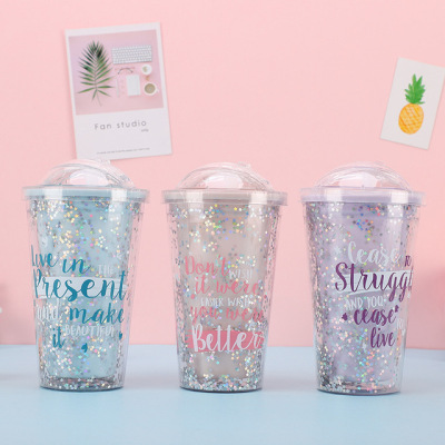 Factory Direct Creative Summer Ice Glass Student Double Layer with Lid Straw Plastic Water Cup Refrigeration Ice Crushing Cup