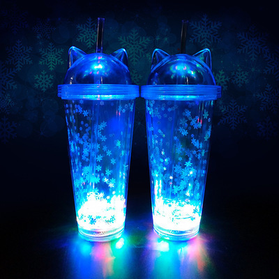 Double-Layer Cat Ears Led Cup Cartoon Apple Color Double-Layer 450ml Plastic Custom Logo Luminous Water Cup