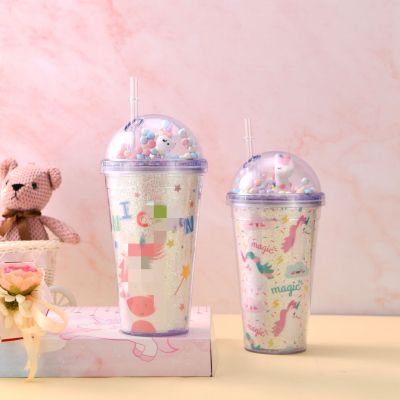 Korean Style Student Girl Summer Ice Glass Unicorn Couple Cup with Straw Double Wall Cooling Plastic Water Cup Customization