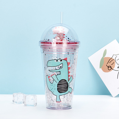 Cute Summer Double-Layer Plastic Cup Beverage Water Cup Dinosaur Crushed Ice Cup Straw Cup Female Student