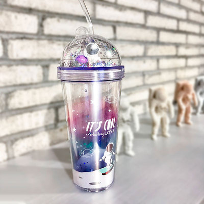 Unique Gradient Space Flight Double-Layer Cup with Straw Plastic Water Cup Creative Customization Tumbler