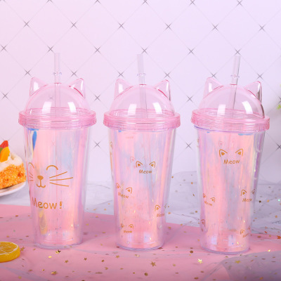 Luminous Cat Ear Sequins Double-Layer Cup Factory Direct Sales New Creative Glass Ins Cup with Straw Gift Cup