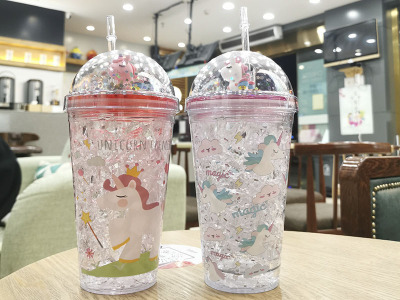 Double-Layer Cup with Straw Unicorn Crushed Ice Cup Factory Outlet Internet Celebrity Plastic Cup Transparent Acrylic Party Supplies