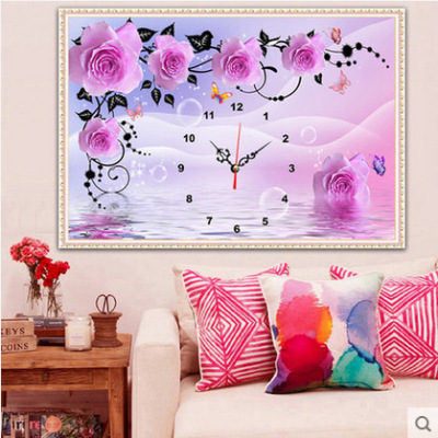 Clock Diamond Painting Full Diamond Living Room Stick-on Crystals Brick Embroidery Purple Rose Wall Clock Series
